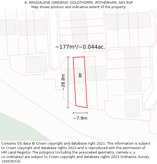 8, MAGDALENE GARDENS, GOLDTHORPE, ROTHERHAM, S63 9GP: Plot and title map