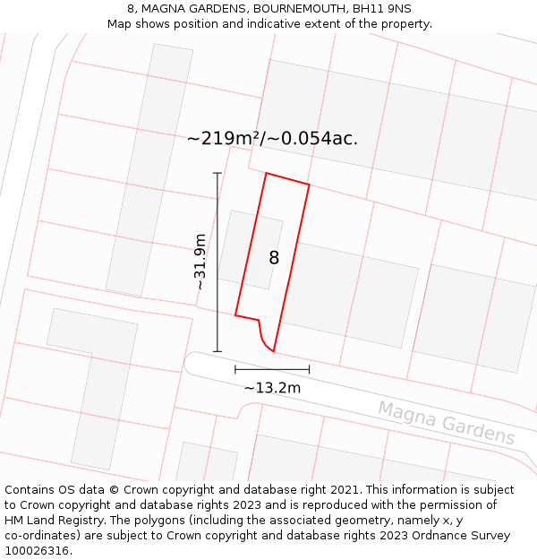 8, MAGNA GARDENS, BOURNEMOUTH, BH11 9NS: Plot and title map