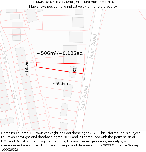 8, MAIN ROAD, BICKNACRE, CHELMSFORD, CM3 4HA: Plot and title map