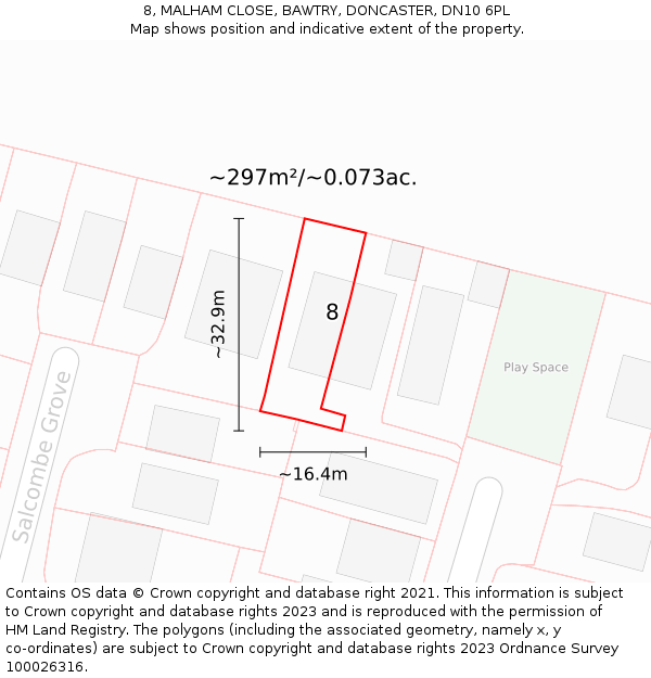 8, MALHAM CLOSE, BAWTRY, DONCASTER, DN10 6PL: Plot and title map
