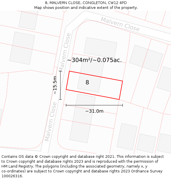 8, MALVERN CLOSE, CONGLETON, CW12 4PD: Plot and title map