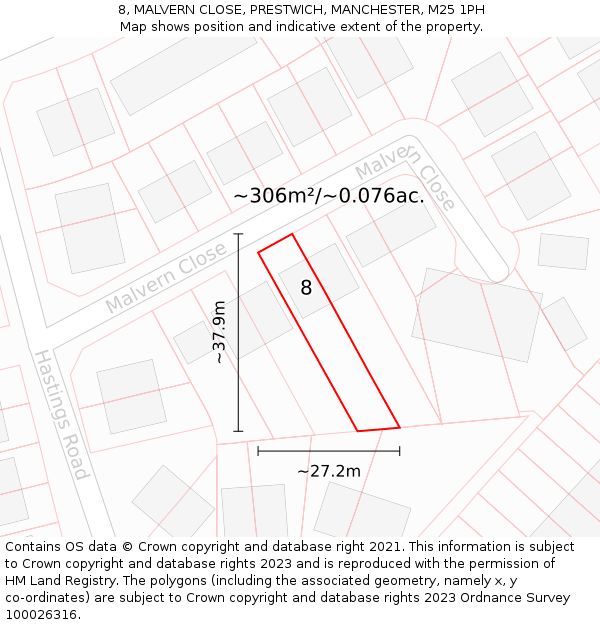 8, MALVERN CLOSE, PRESTWICH, MANCHESTER, M25 1PH: Plot and title map