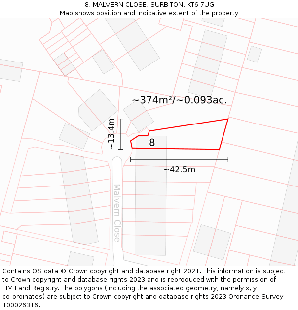 8, MALVERN CLOSE, SURBITON, KT6 7UG: Plot and title map