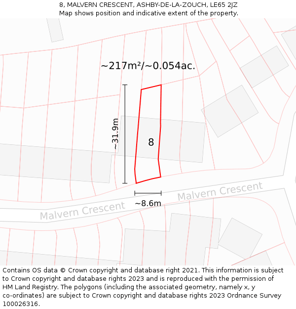 8, MALVERN CRESCENT, ASHBY-DE-LA-ZOUCH, LE65 2JZ: Plot and title map