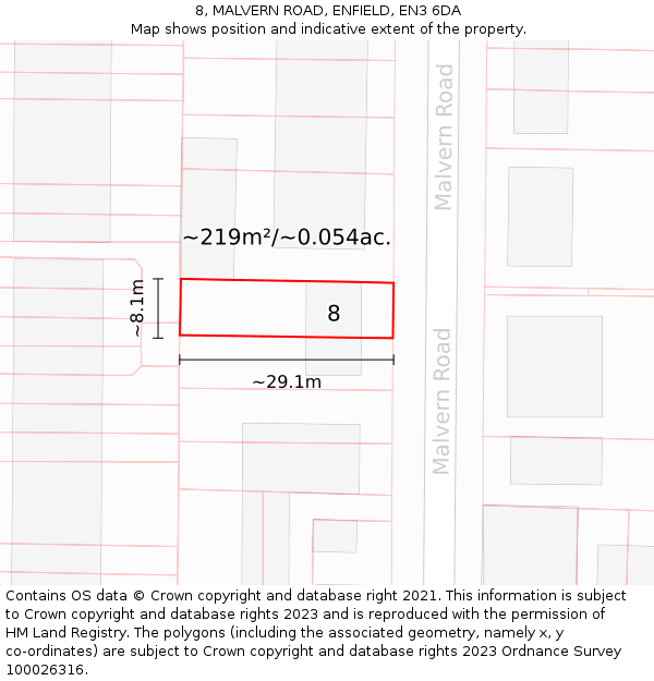 8, MALVERN ROAD, ENFIELD, EN3 6DA: Plot and title map