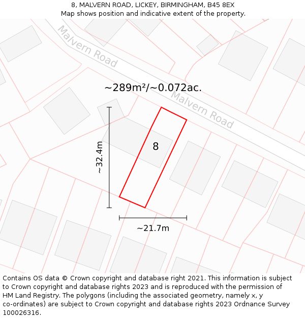 8, MALVERN ROAD, LICKEY, BIRMINGHAM, B45 8EX: Plot and title map