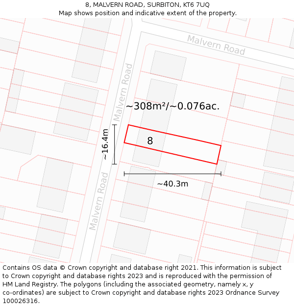 8, MALVERN ROAD, SURBITON, KT6 7UQ: Plot and title map