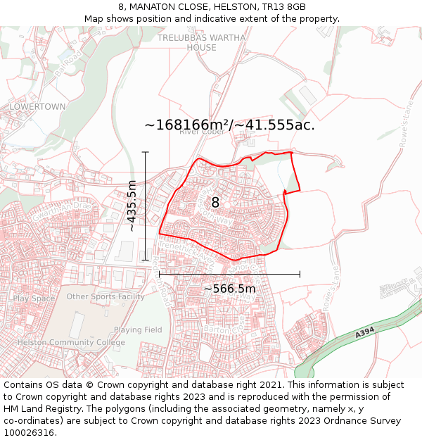 8, MANATON CLOSE, HELSTON, TR13 8GB: Plot and title map