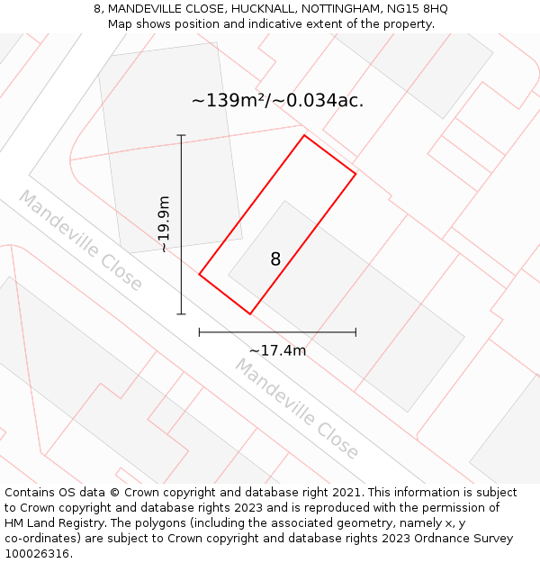 8, MANDEVILLE CLOSE, HUCKNALL, NOTTINGHAM, NG15 8HQ: Plot and title map