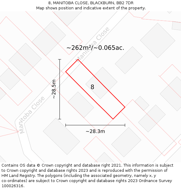 8, MANITOBA CLOSE, BLACKBURN, BB2 7DR: Plot and title map