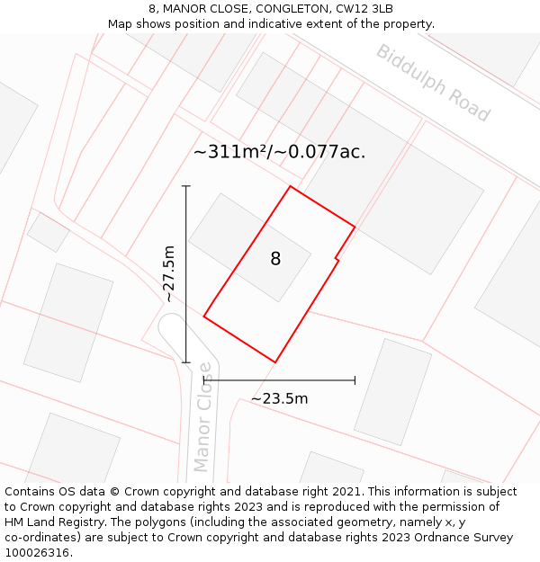 8, MANOR CLOSE, CONGLETON, CW12 3LB: Plot and title map