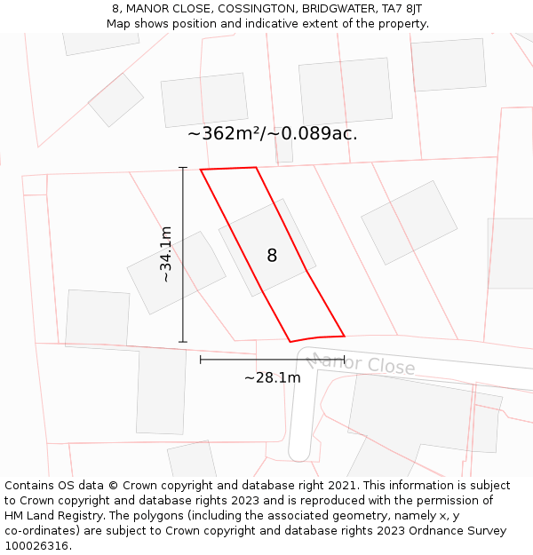 8, MANOR CLOSE, COSSINGTON, BRIDGWATER, TA7 8JT: Plot and title map