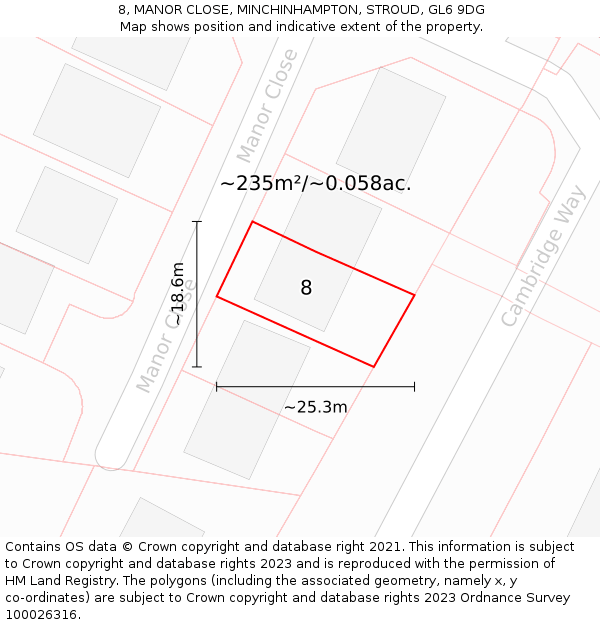 8, MANOR CLOSE, MINCHINHAMPTON, STROUD, GL6 9DG: Plot and title map