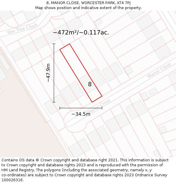 8, MANOR CLOSE, WORCESTER PARK, KT4 7PJ: Plot and title map