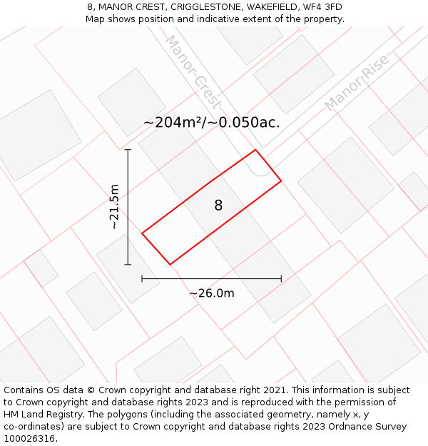 8, MANOR CREST, CRIGGLESTONE, WAKEFIELD, WF4 3FD: Plot and title map