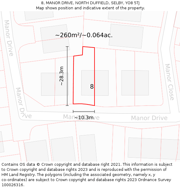 8, MANOR DRIVE, NORTH DUFFIELD, SELBY, YO8 5TJ: Plot and title map