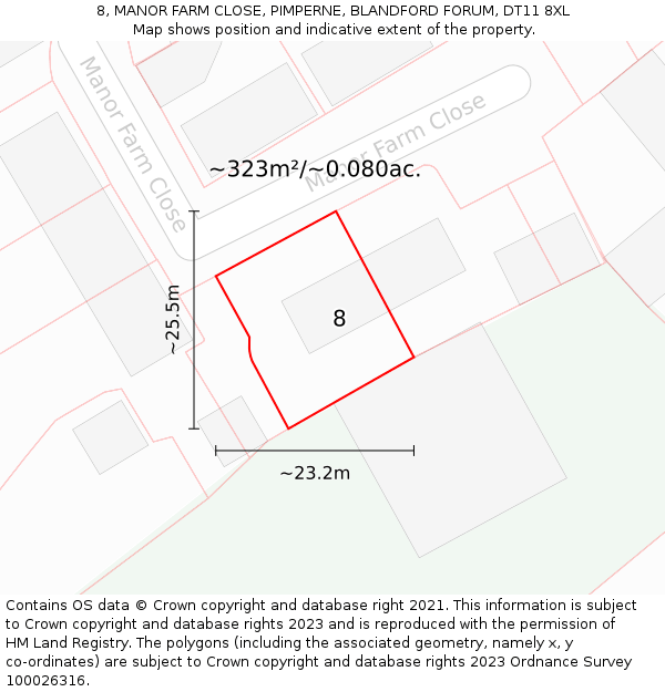 8, MANOR FARM CLOSE, PIMPERNE, BLANDFORD FORUM, DT11 8XL: Plot and title map