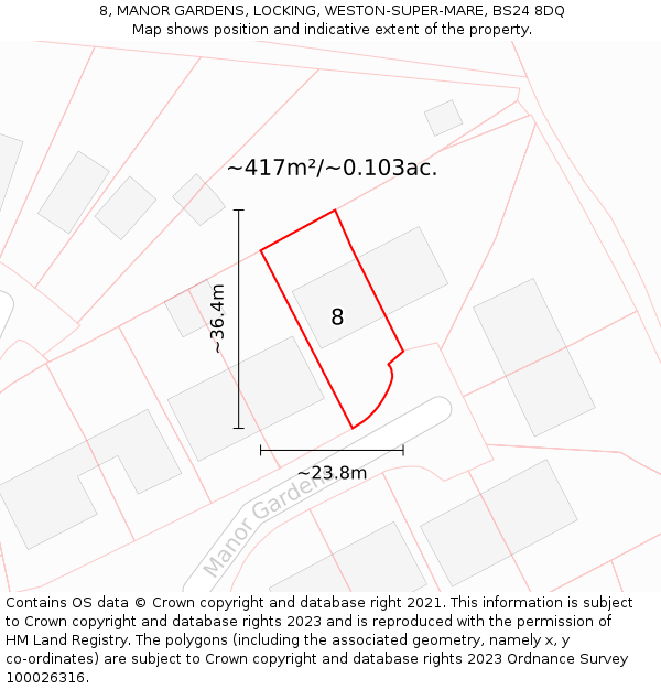 8, MANOR GARDENS, LOCKING, WESTON-SUPER-MARE, BS24 8DQ: Plot and title map