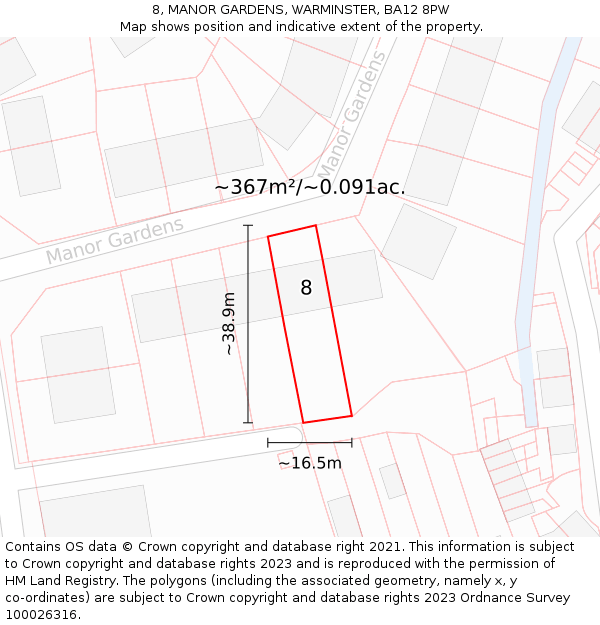 8, MANOR GARDENS, WARMINSTER, BA12 8PW: Plot and title map