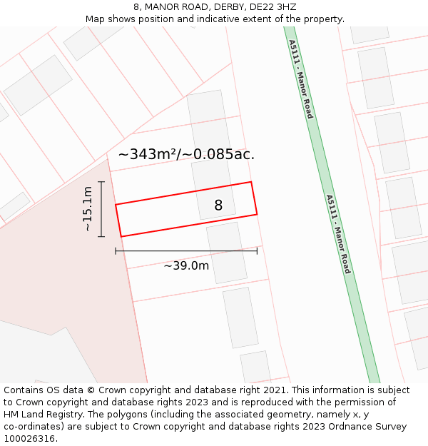 8, MANOR ROAD, DERBY, DE22 3HZ: Plot and title map