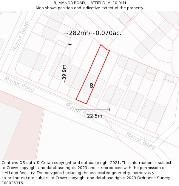 8, MANOR ROAD, HATFIELD, AL10 9LN: Plot and title map