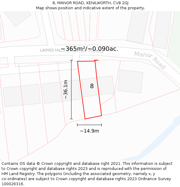 8, MANOR ROAD, KENILWORTH, CV8 2GJ: Plot and title map