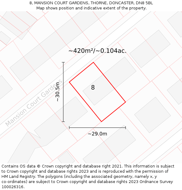 8, MANSION COURT GARDENS, THORNE, DONCASTER, DN8 5BL: Plot and title map