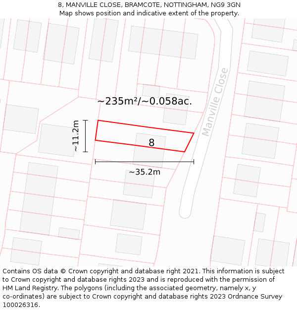 8, MANVILLE CLOSE, BRAMCOTE, NOTTINGHAM, NG9 3GN: Plot and title map