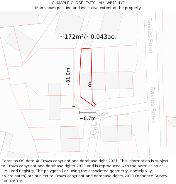 8, MAPLE CLOSE, EVESHAM, WR11 1YF: Plot and title map