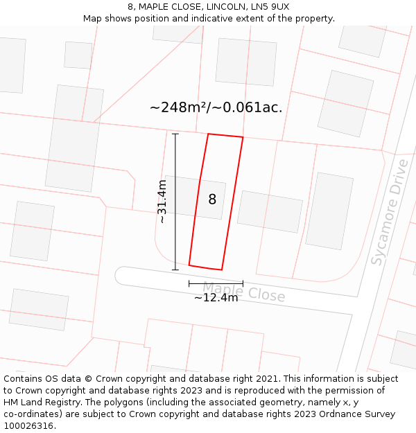 8, MAPLE CLOSE, LINCOLN, LN5 9UX: Plot and title map