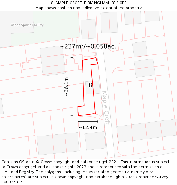 8, MAPLE CROFT, BIRMINGHAM, B13 0PF: Plot and title map