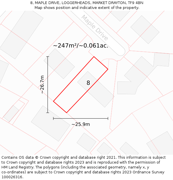 8, MAPLE DRIVE, LOGGERHEADS, MARKET DRAYTON, TF9 4BN: Plot and title map