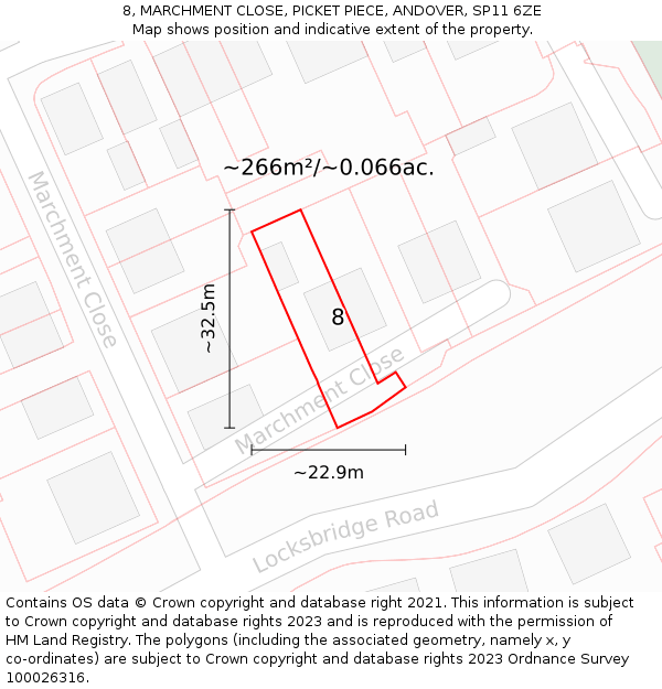 8, MARCHMENT CLOSE, PICKET PIECE, ANDOVER, SP11 6ZE: Plot and title map