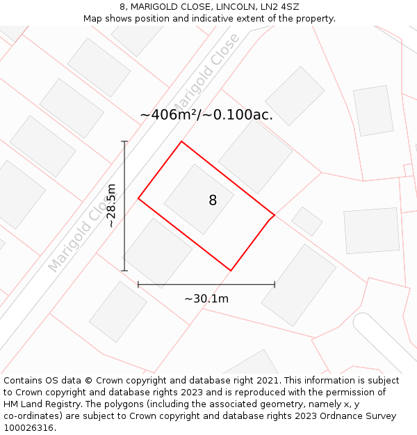 8, MARIGOLD CLOSE, LINCOLN, LN2 4SZ: Plot and title map