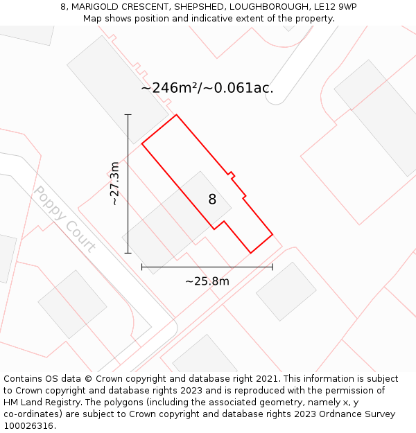 8, MARIGOLD CRESCENT, SHEPSHED, LOUGHBOROUGH, LE12 9WP: Plot and title map