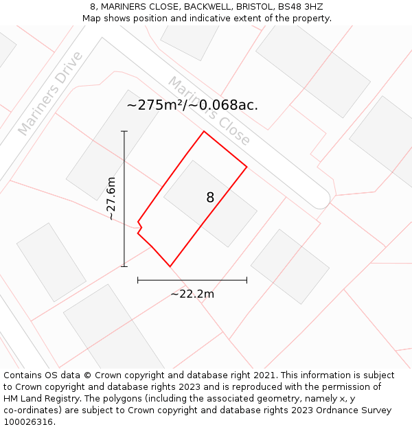 8, MARINERS CLOSE, BACKWELL, BRISTOL, BS48 3HZ: Plot and title map
