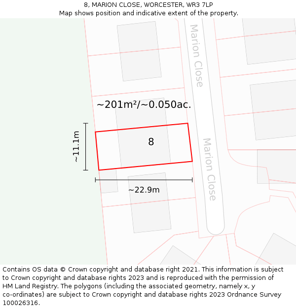 8, MARION CLOSE, WORCESTER, WR3 7LP: Plot and title map