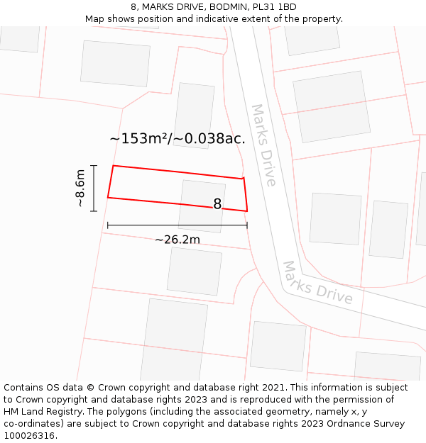 8, MARKS DRIVE, BODMIN, PL31 1BD: Plot and title map