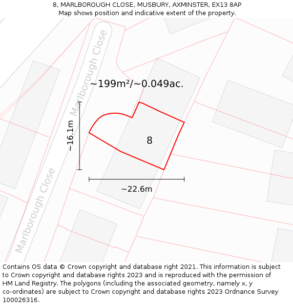 8, MARLBOROUGH CLOSE, MUSBURY, AXMINSTER, EX13 8AP: Plot and title map