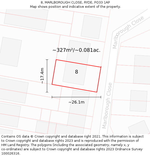 8, MARLBOROUGH CLOSE, RYDE, PO33 1AP: Plot and title map