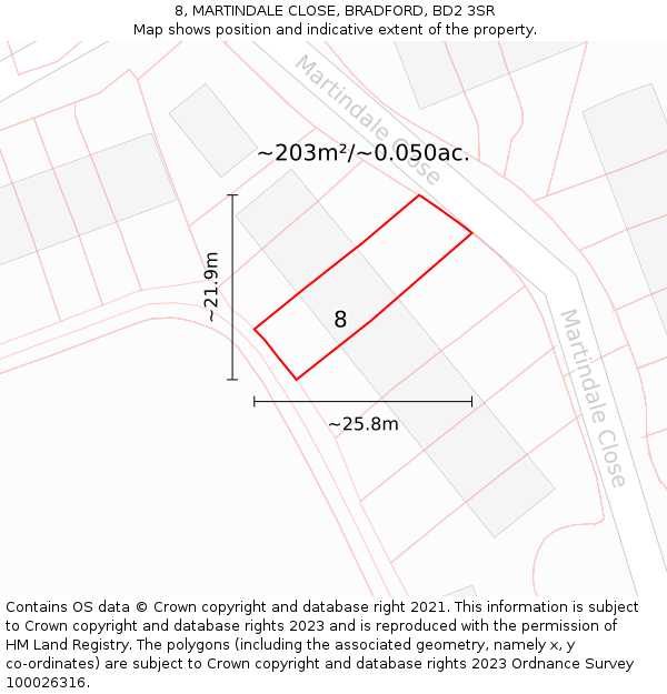 8, MARTINDALE CLOSE, BRADFORD, BD2 3SR: Plot and title map