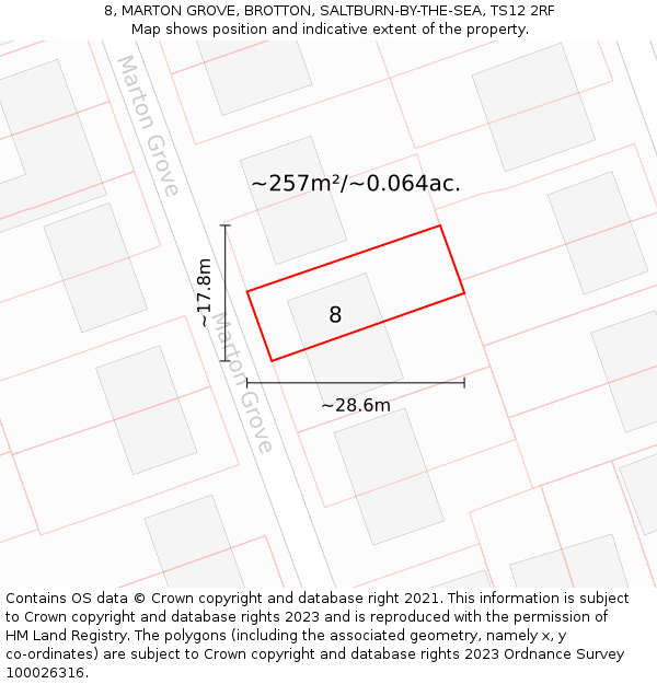 8, MARTON GROVE, BROTTON, SALTBURN-BY-THE-SEA, TS12 2RF: Plot and title map