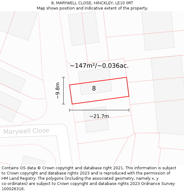 8, MARYWELL CLOSE, HINCKLEY, LE10 0RT: Plot and title map