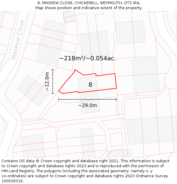 8, MASKEW CLOSE, CHICKERELL, WEYMOUTH, DT3 4NL: Plot and title map