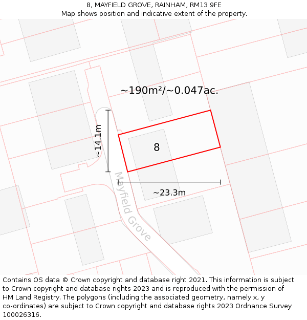 8, MAYFIELD GROVE, RAINHAM, RM13 9FE: Plot and title map
