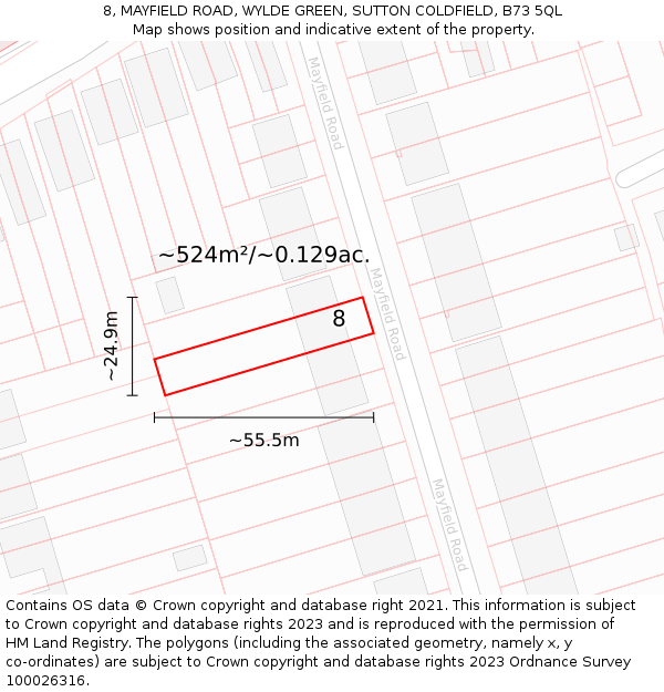 8, MAYFIELD ROAD, WYLDE GREEN, SUTTON COLDFIELD, B73 5QL: Plot and title map