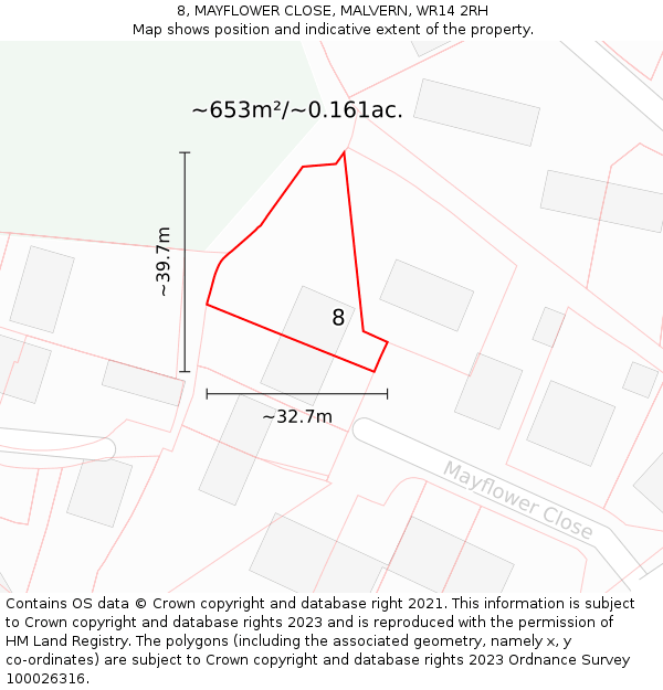 8, MAYFLOWER CLOSE, MALVERN, WR14 2RH: Plot and title map