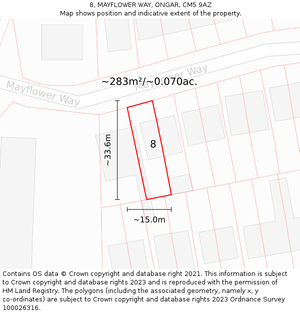 8, MAYFLOWER WAY, ONGAR, CM5 9AZ: Plot and title map