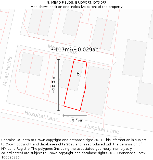 8, MEAD FIELDS, BRIDPORT, DT6 5RF: Plot and title map