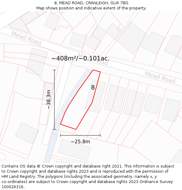 8, MEAD ROAD, CRANLEIGH, GU6 7BG: Plot and title map